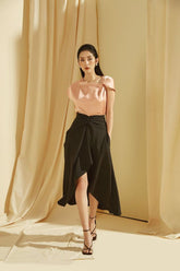 Silk Midi Skirt with Ruched Front Detail and Asymmetric Hemline for Effortless Elegance